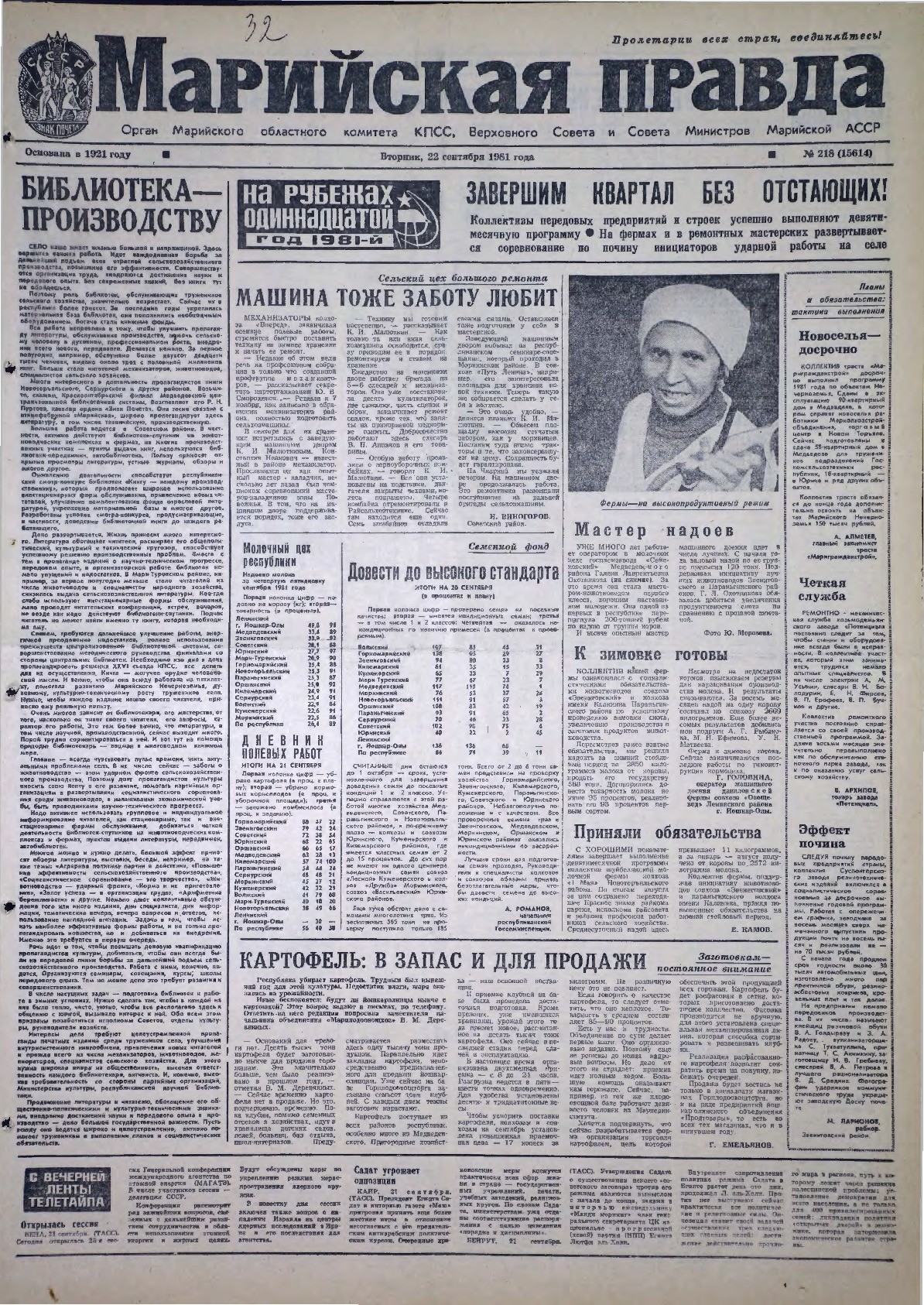 Газета «Марийская правда» от 22.09.1981