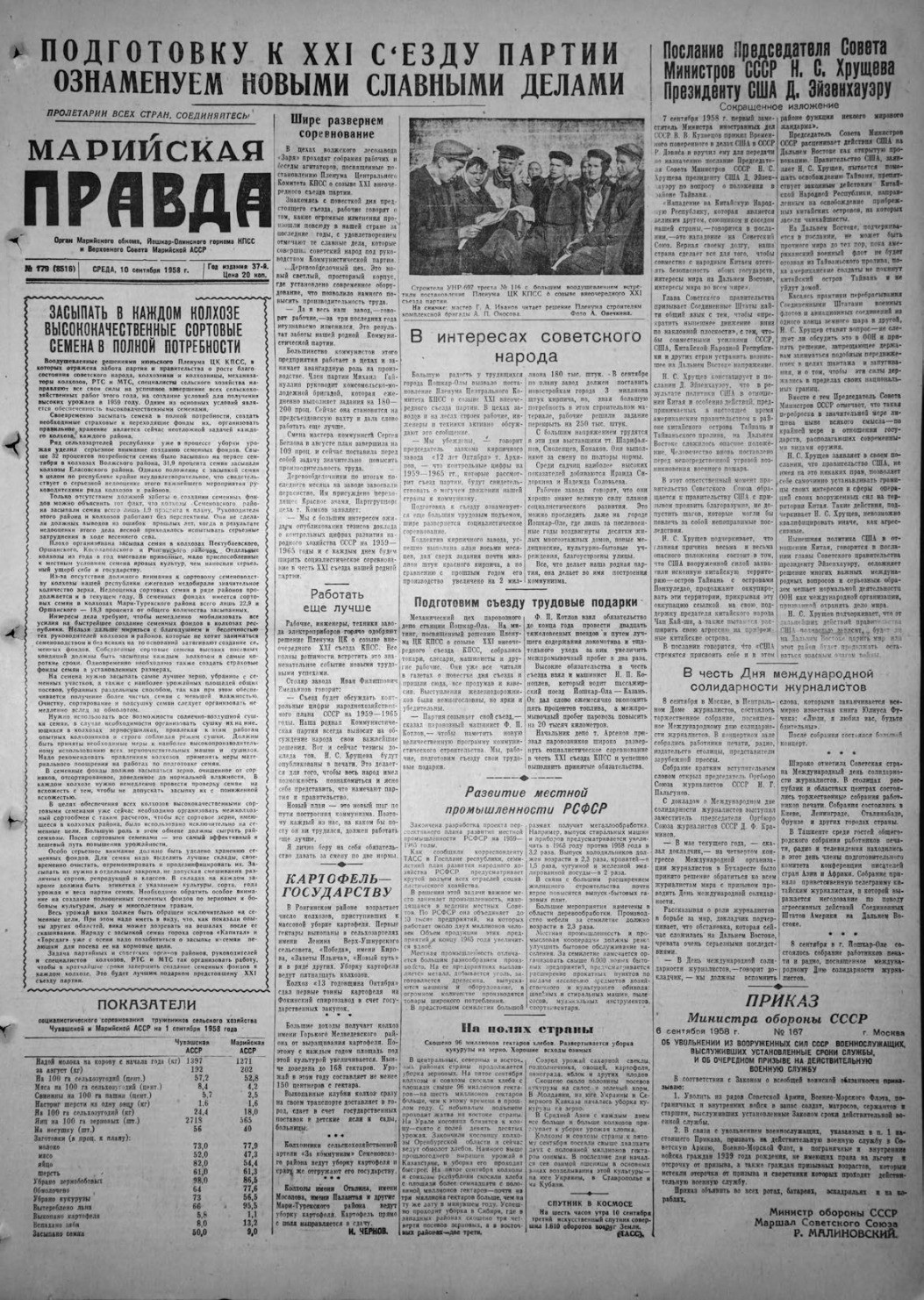 Газета «Марийская правда» от 10.09.1958