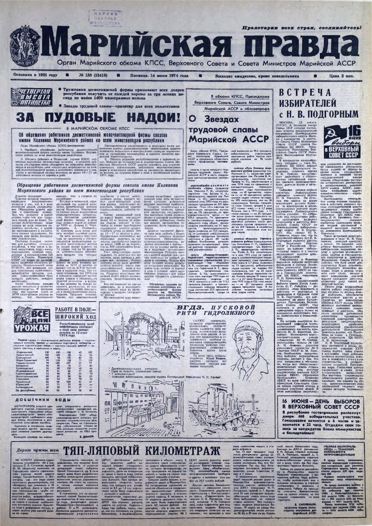 Газета «Марийская правда» от 14.06.1974