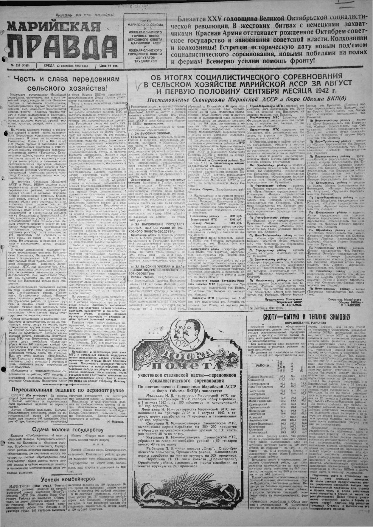 Газета «Марийская правда» от 23.09.1942