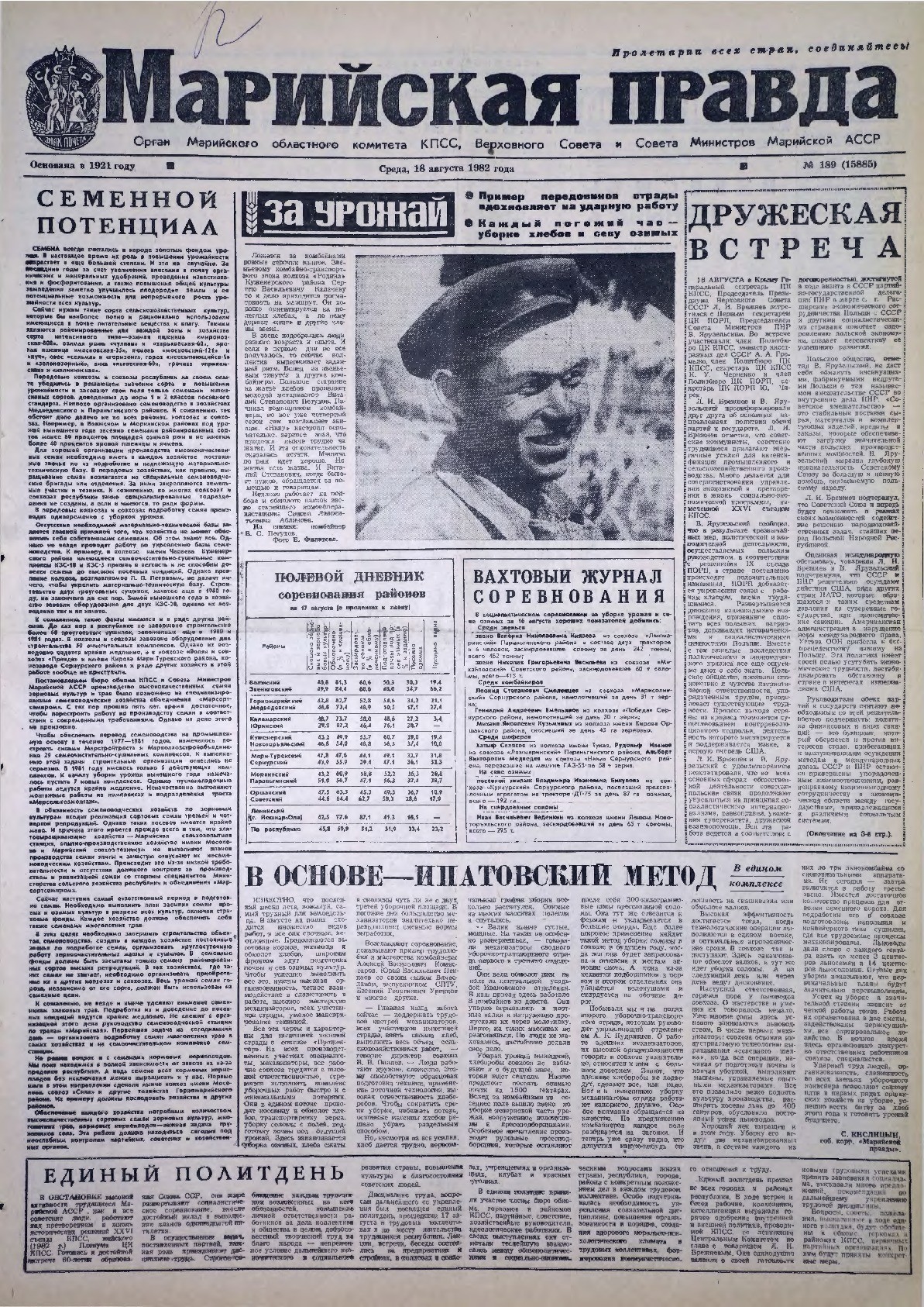 Газета «Марийская правда» от 18.08.1982