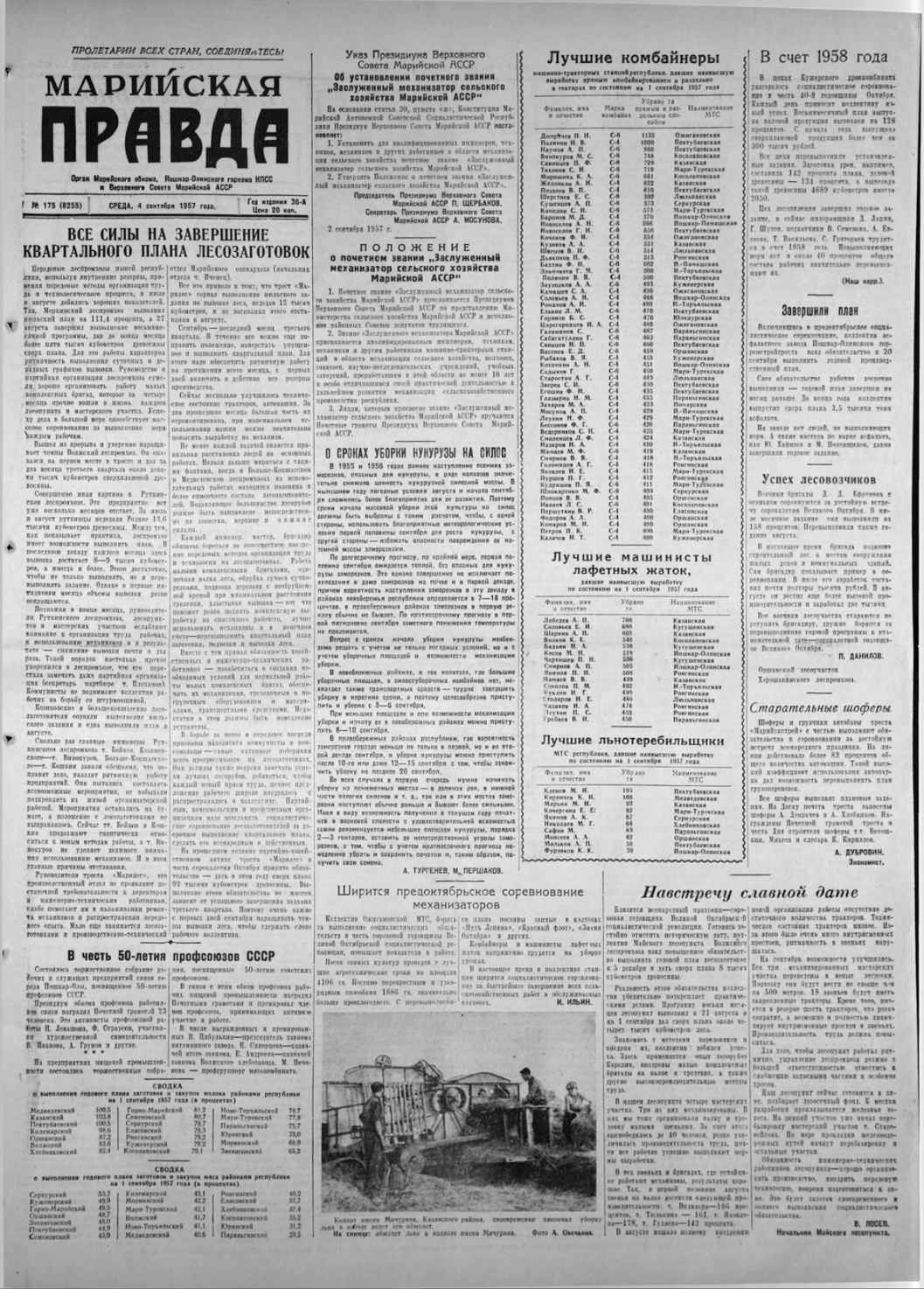 Газета «Марийская правда» от 04.09.1957