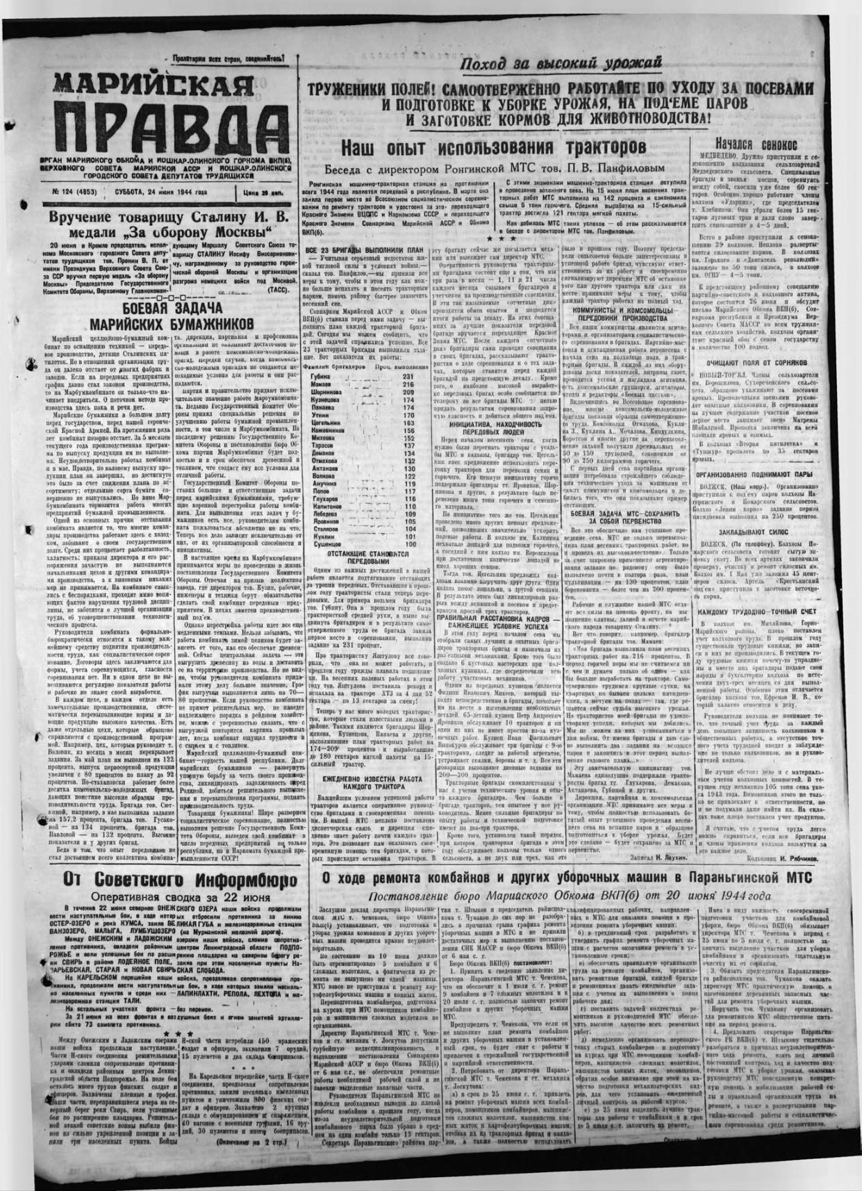 Газета «Марийская правда» от 24.06.1944