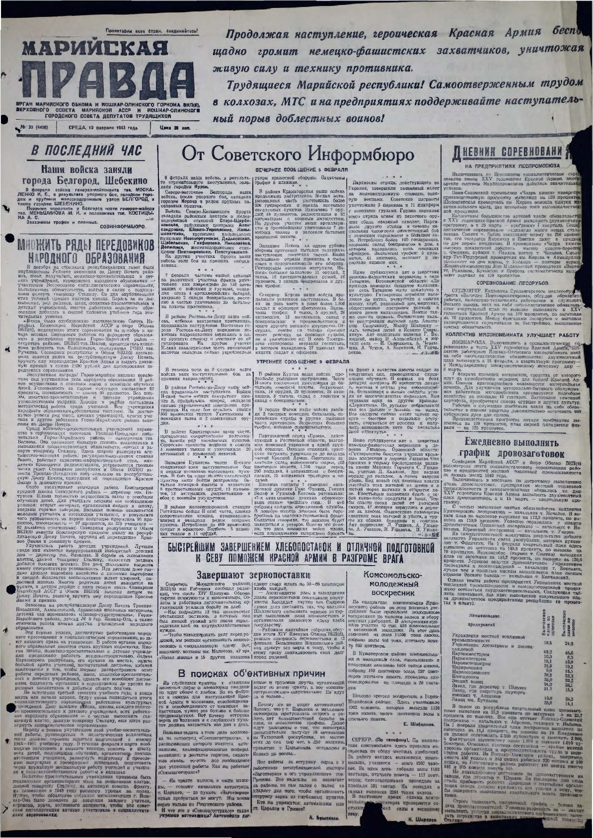 Газета «Марийская правда» от 10.02.1943