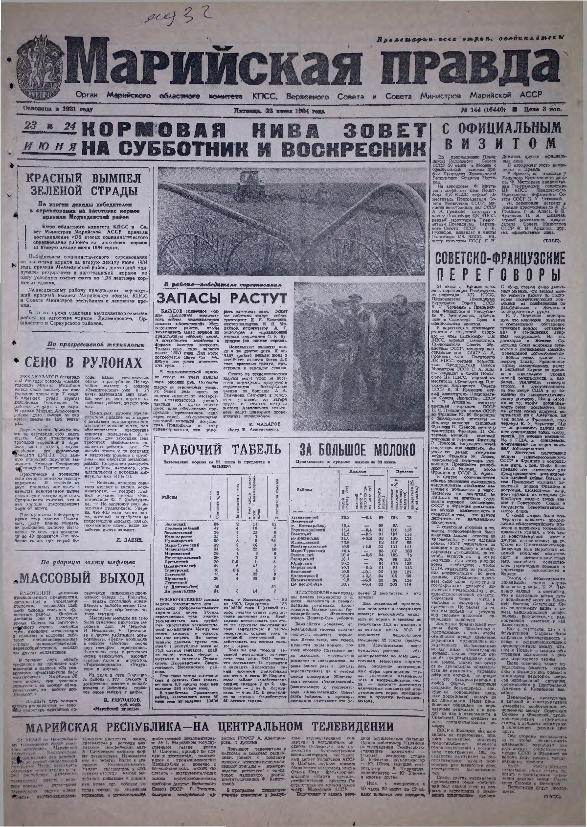 Газета «Марийская правда» от 22.06.1984