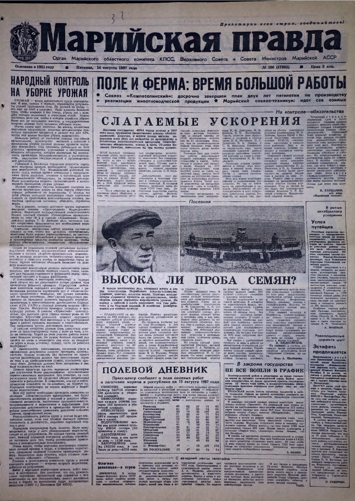 Газета «Марийская правда» от 14.08.1987