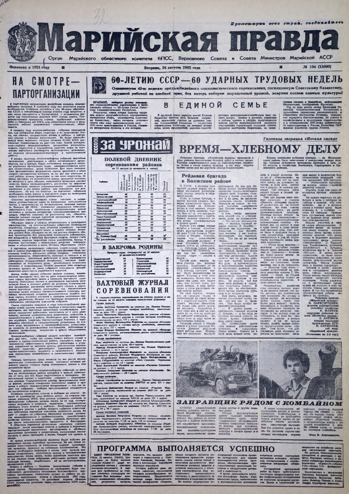 Газета «Марийская правда» от 24.08.1982