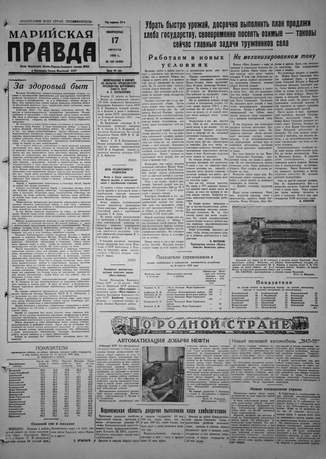 Газета «Марийская правда» от 17.08.1958