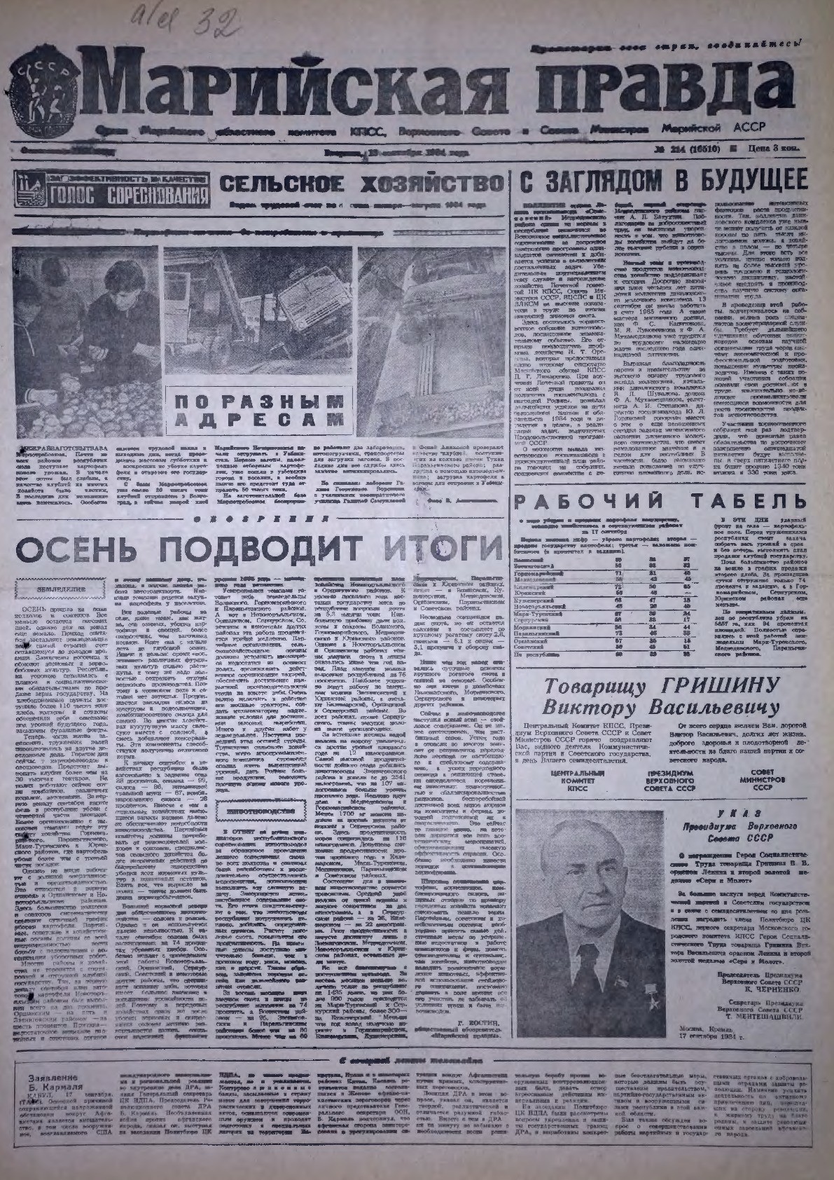 Газета «Марийская правда» от 18.09.1984
