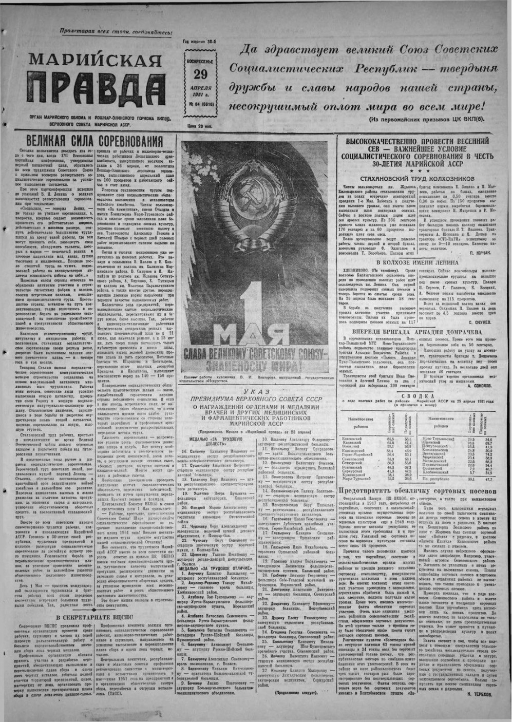 Газета «Марийская правда» от 29.04.1951