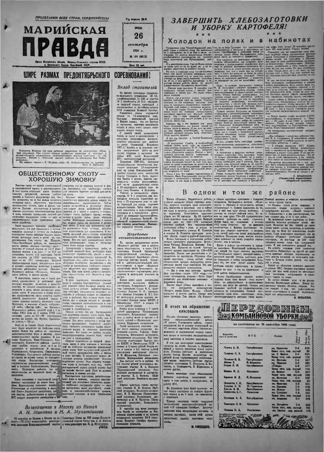 Газета «Марийская правда» от 26.09.1956