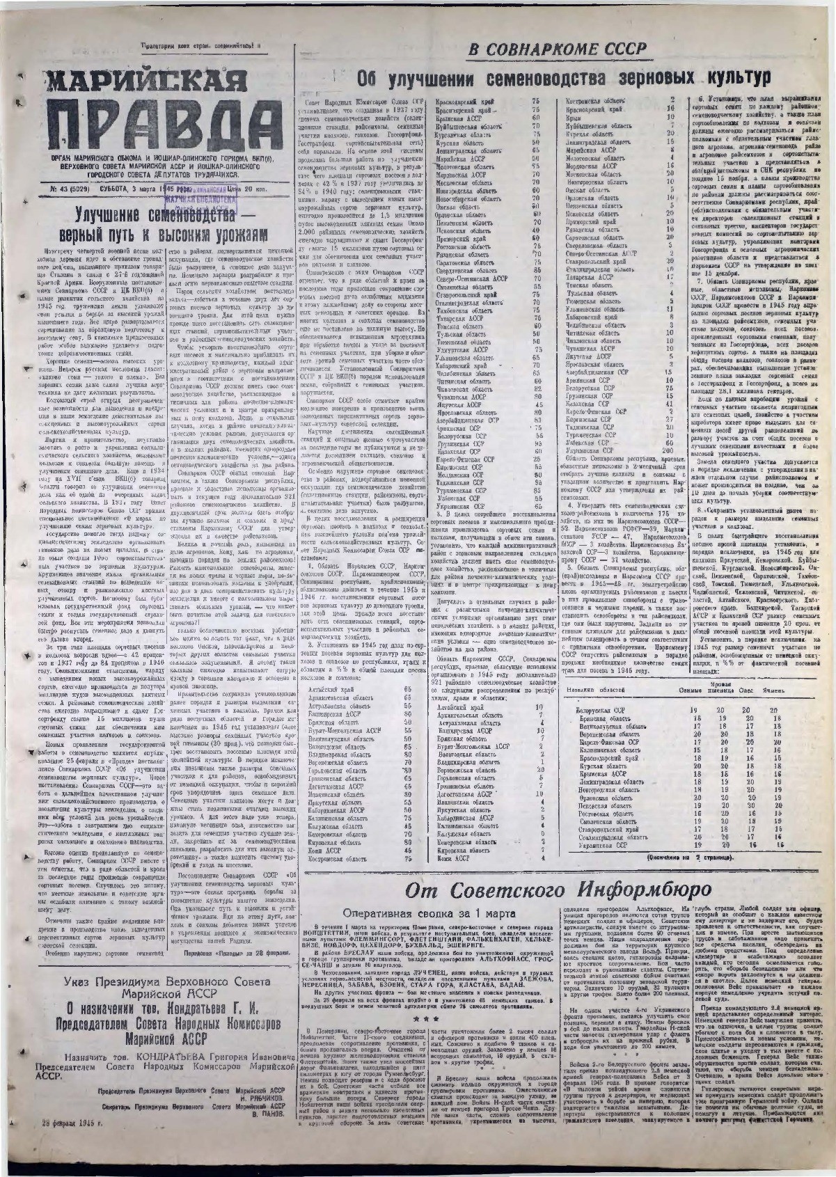 Газета «Марийская правда» от 03.03.1945
