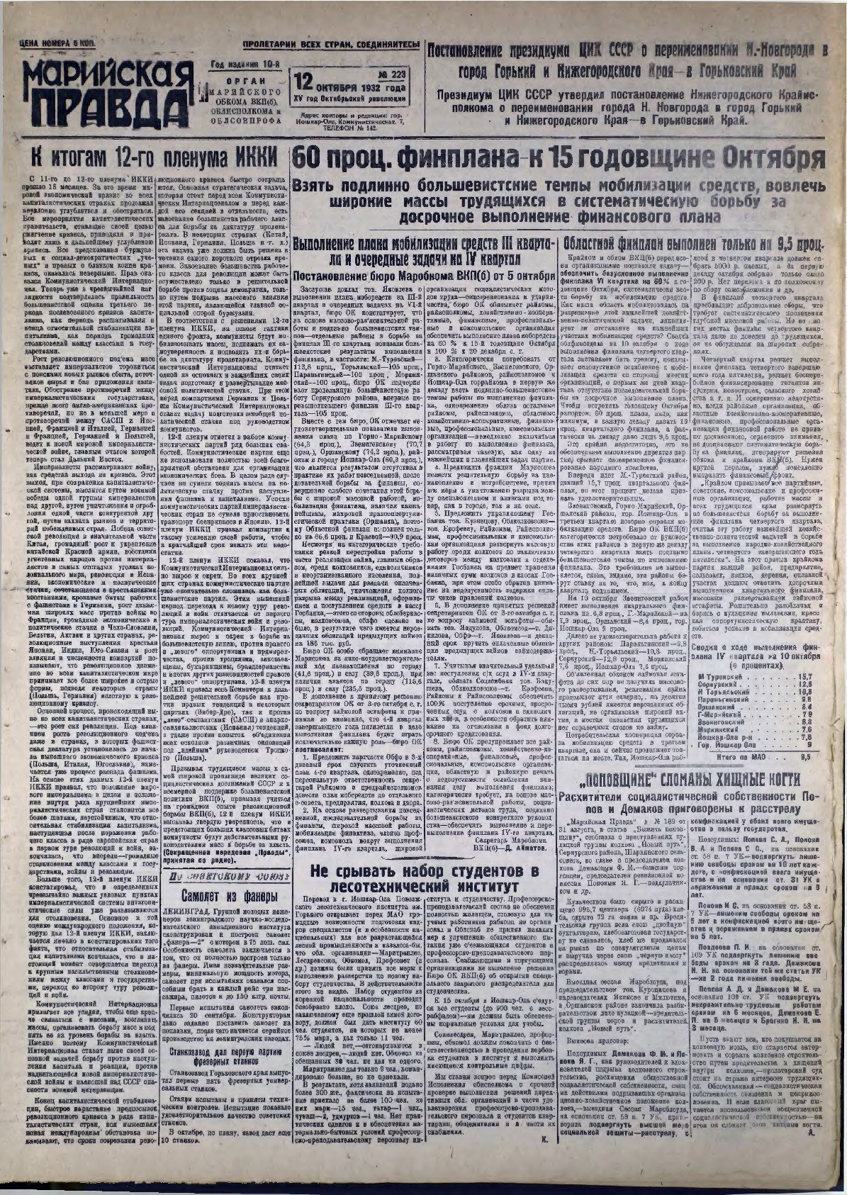 Газета «Марийская правда» от 12.10.1932