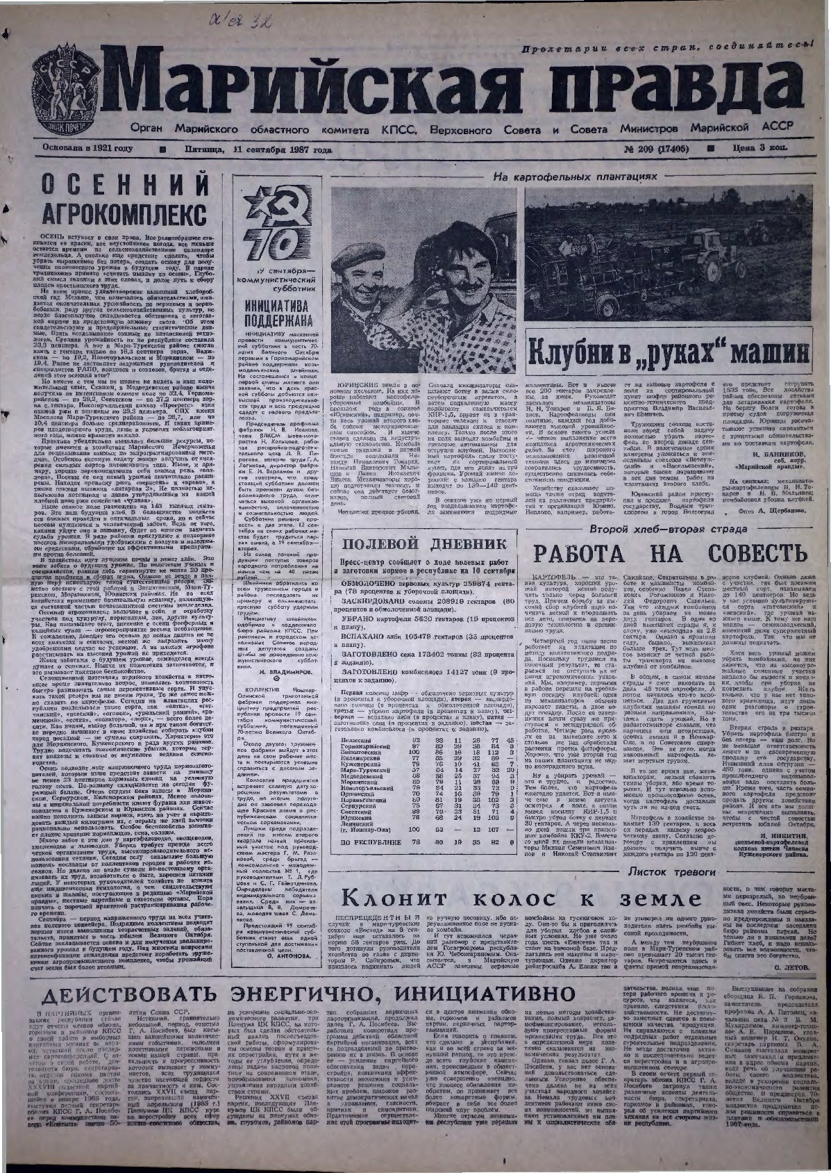 Газета «Марийская правда» от 11.09.1987