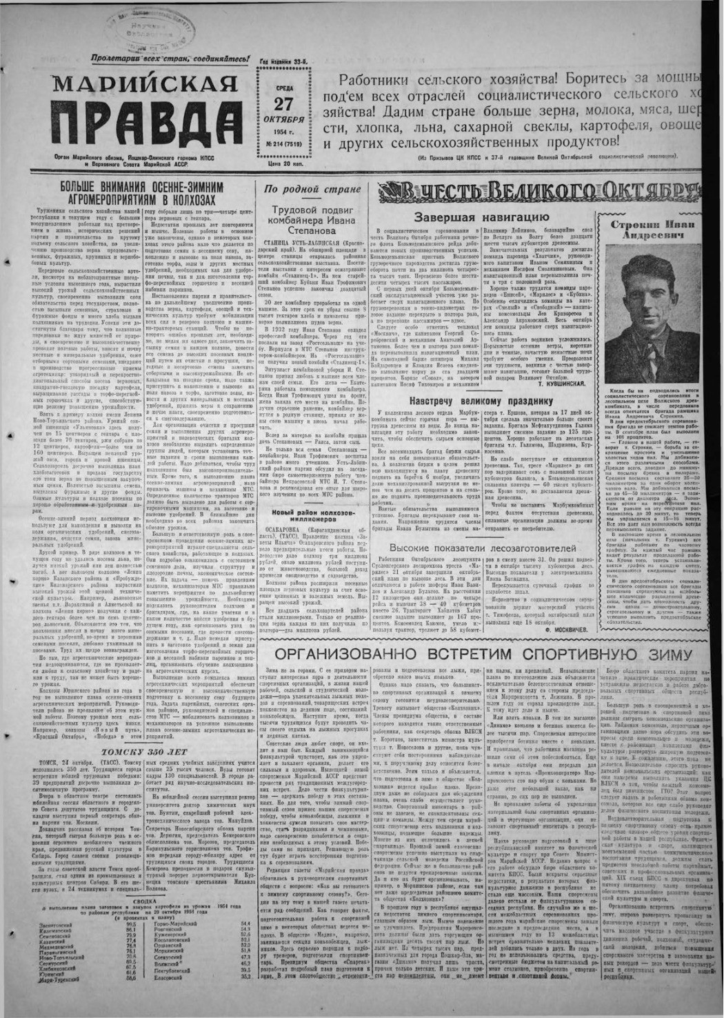 Газета «Марийская правда» от 27.10.1954