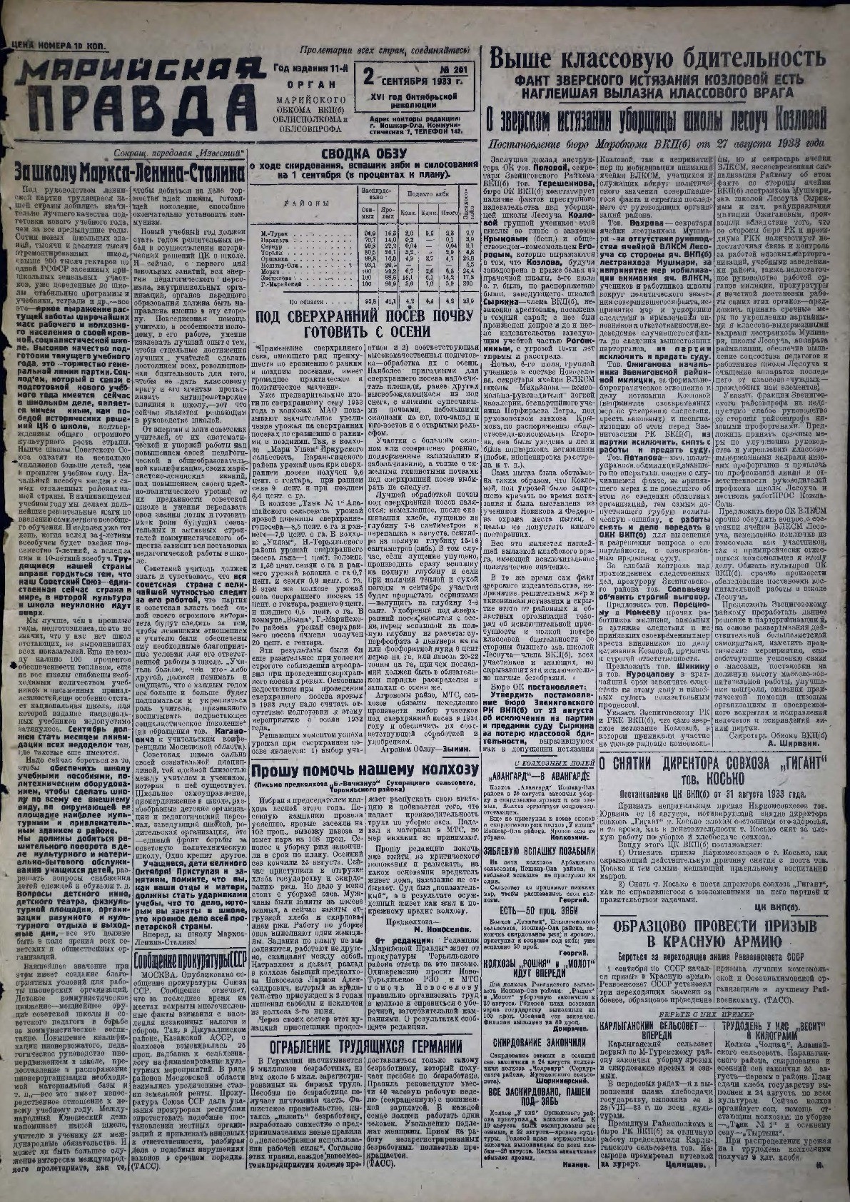 Газета «Марийская правда» от 02.09.1933