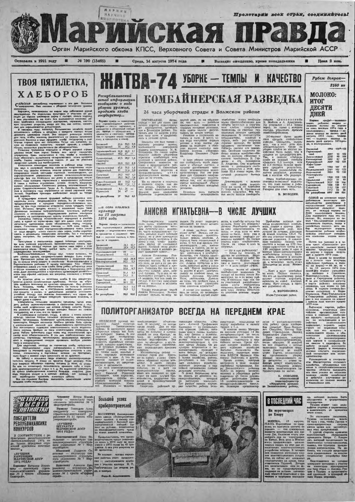 Газета «Марийская правда» от 14.08.1974