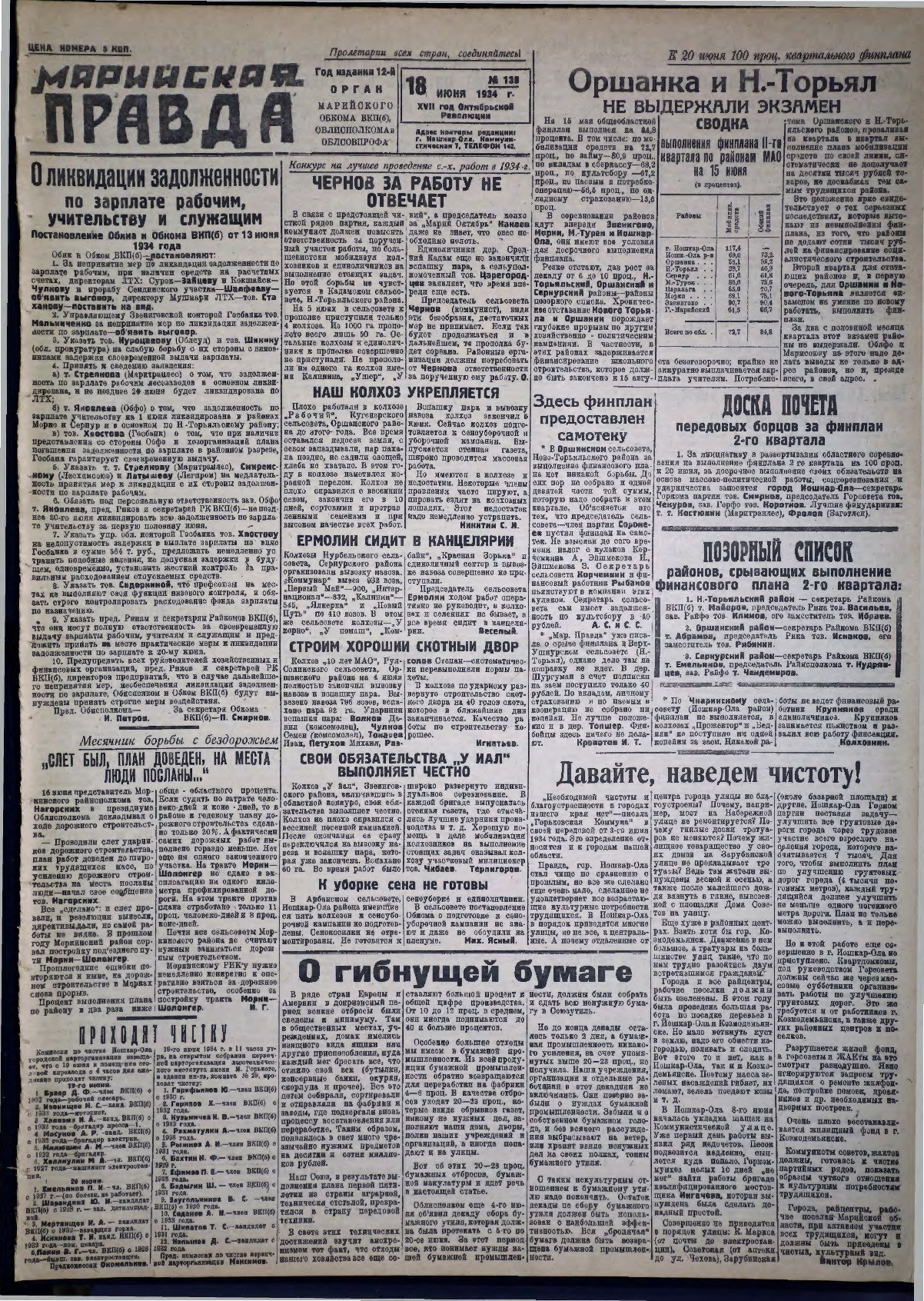 Газета «Марийская правда» от 18.06.1934