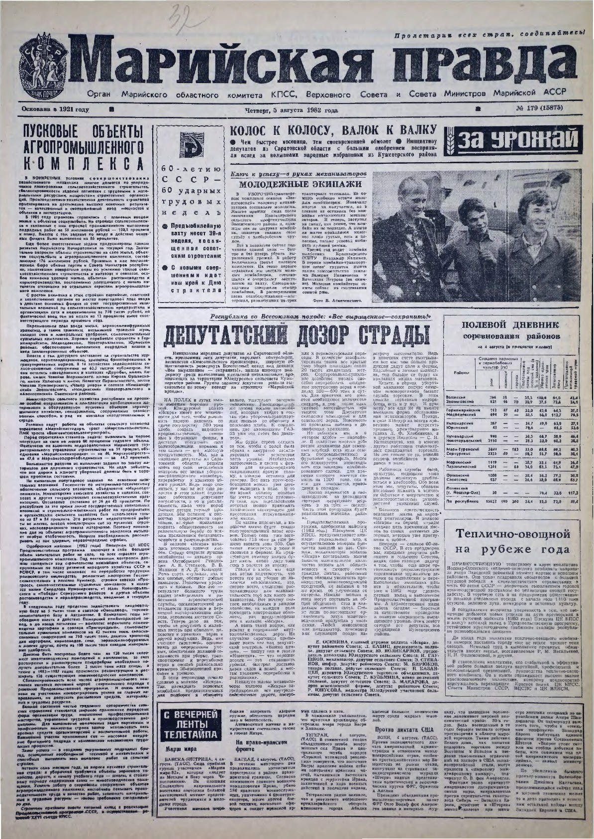 Газета «Марийская правда» от 05.08.1982