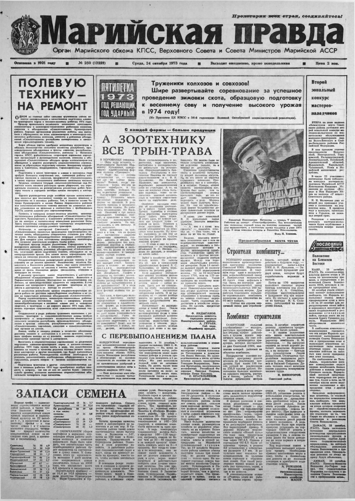 Газета «Марийская правда» от 24.10.1973