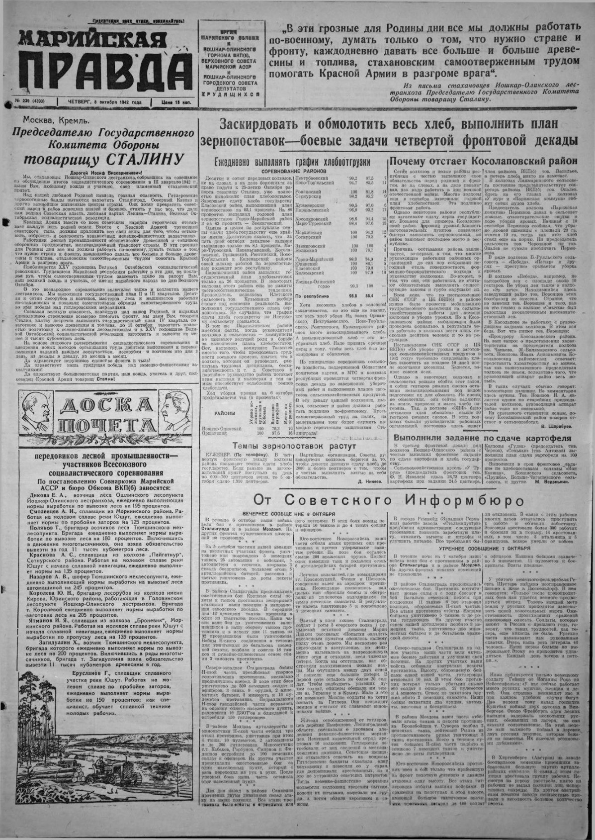 Газета «Марийская правда» от 08.10.1942