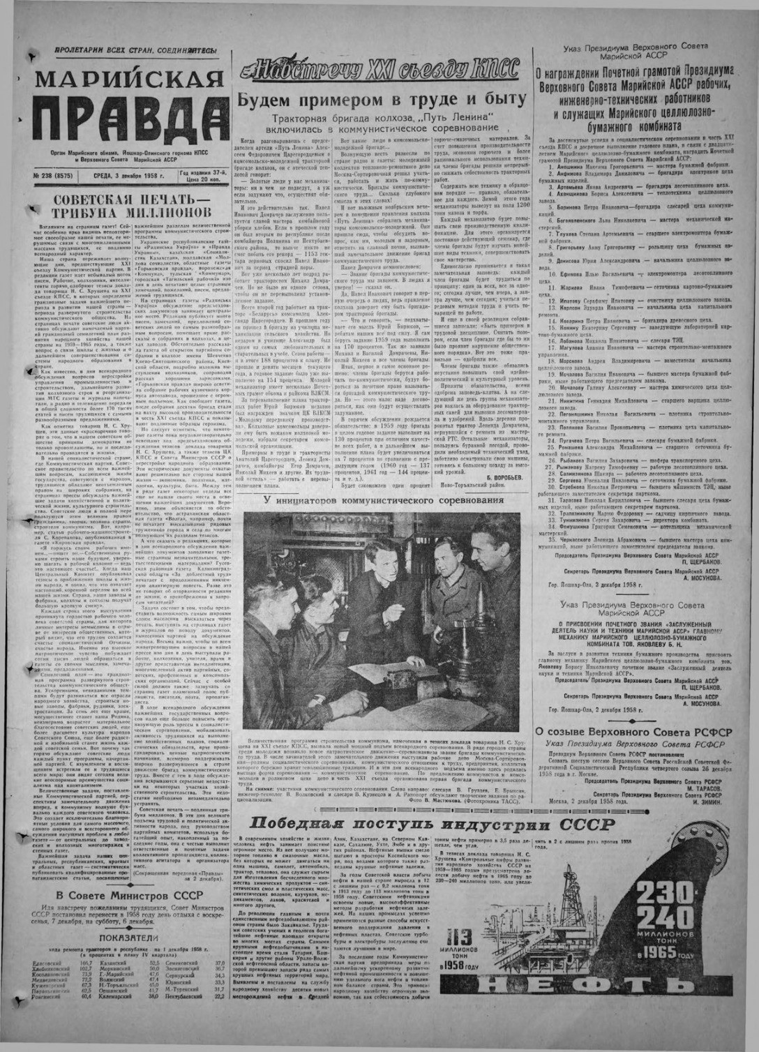 Газета «Марийская правда» от 03.12.1958