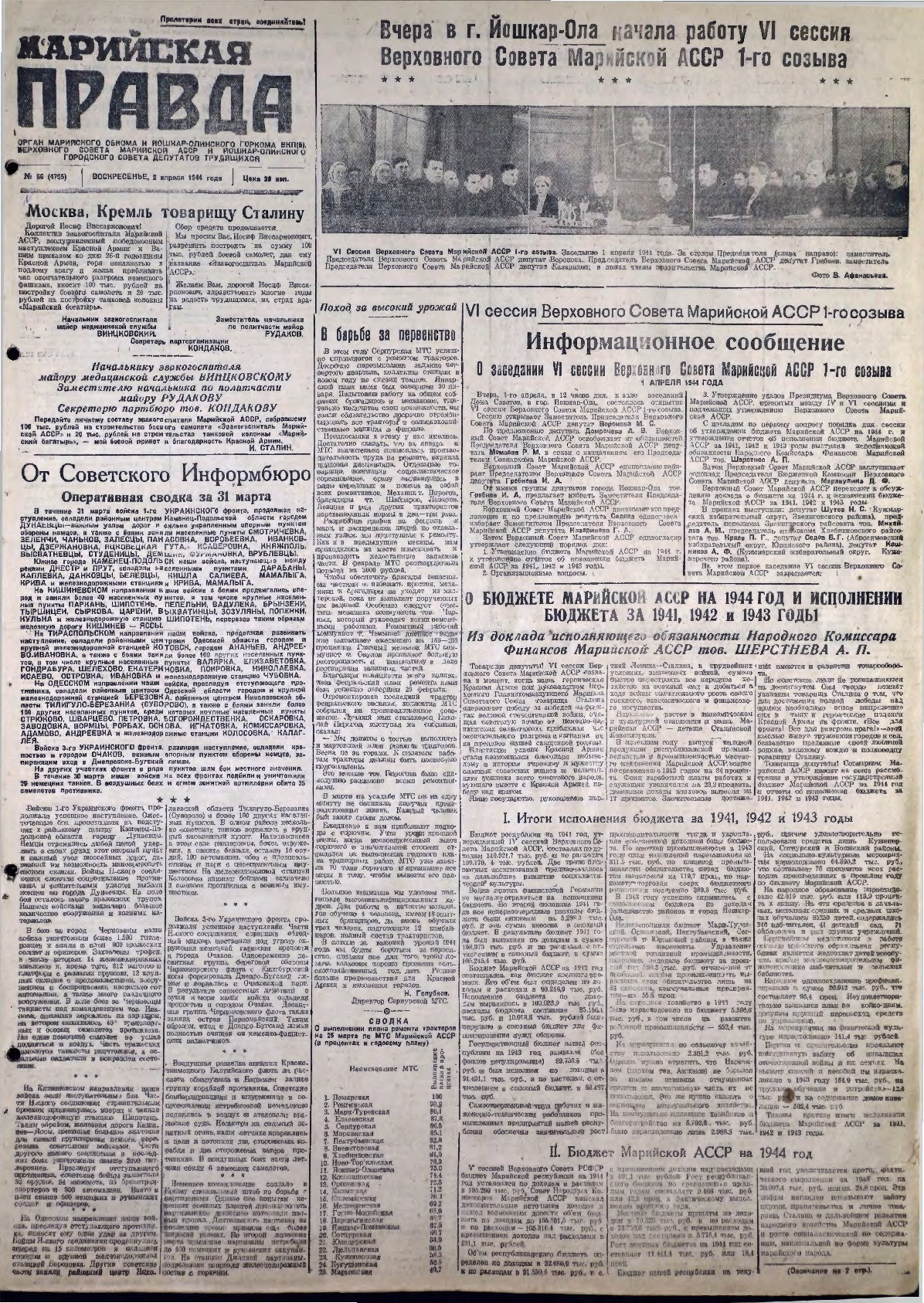Газета «Марийская правда» от 02.04.1944