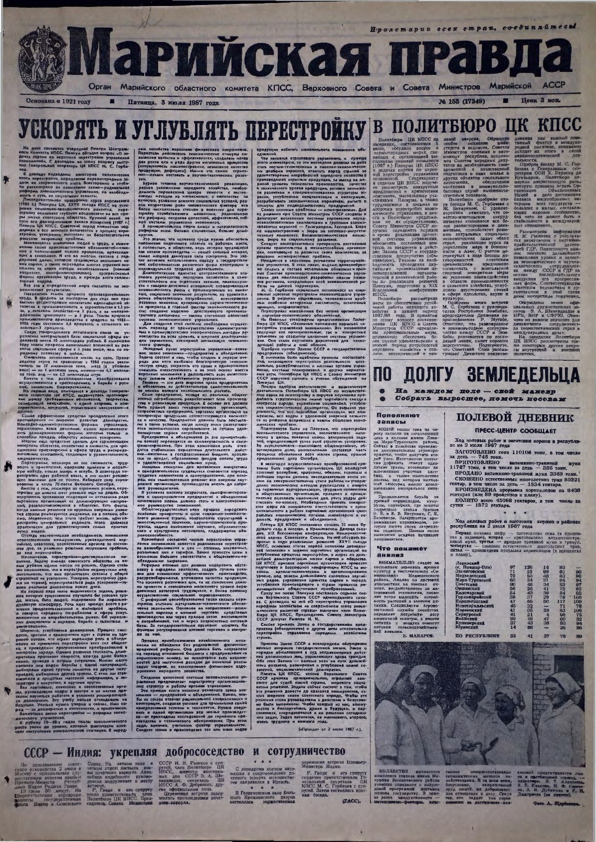 Газета «Марийская правда» от 03.07.1987