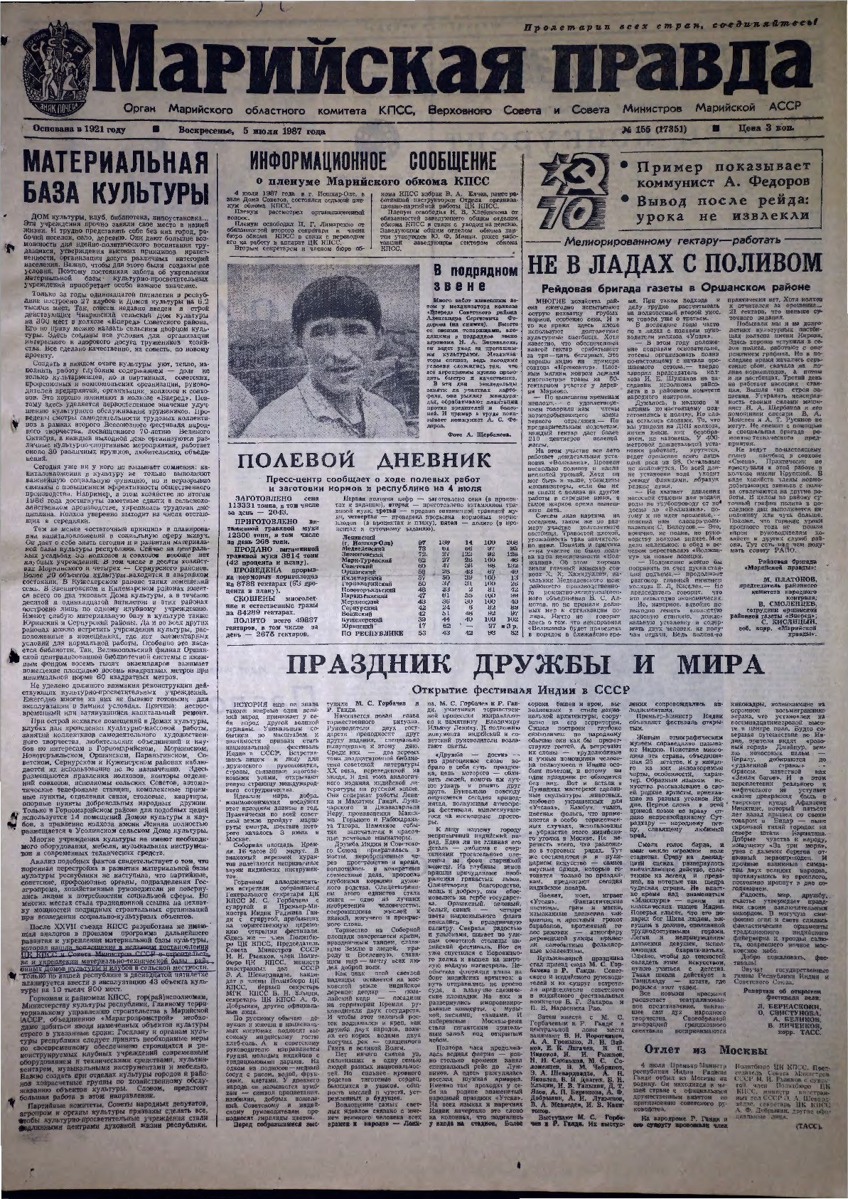 Газета «Марийская правда» от 05.07.1987
