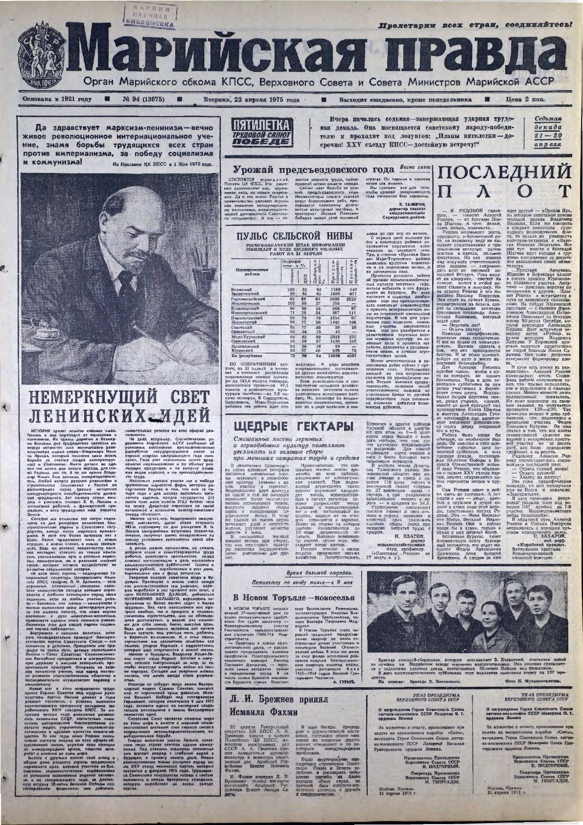 Газета «Марийская правда» от 22.04.1975