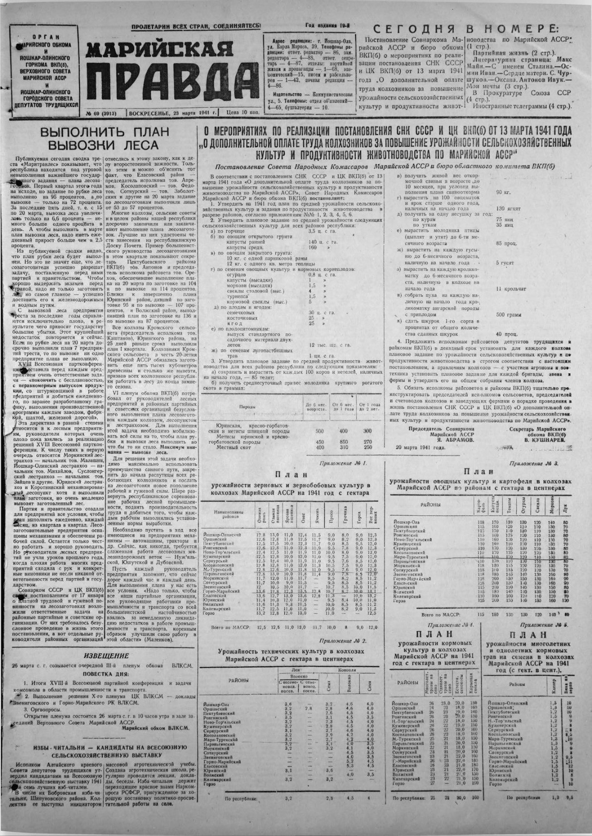 Газета «Марийская правда» от 23.03.1941