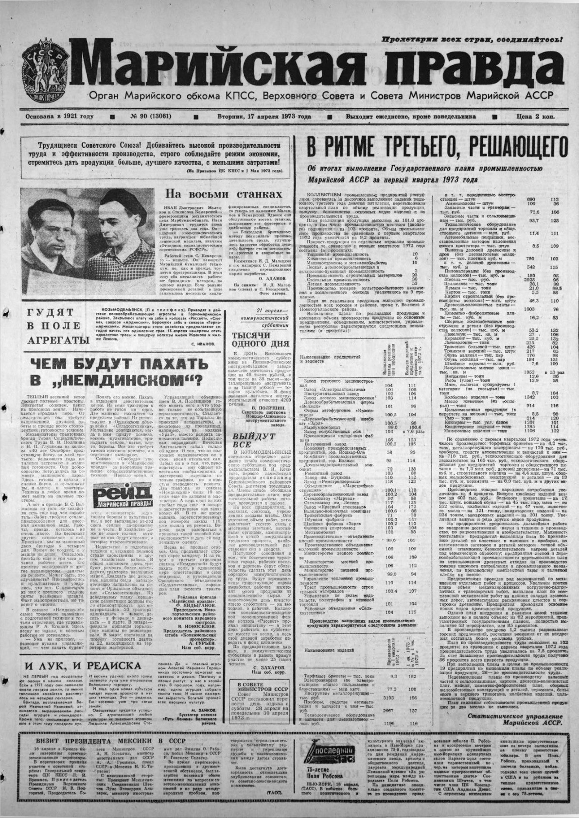 Газета «Марийская правда» от 17.04.1973