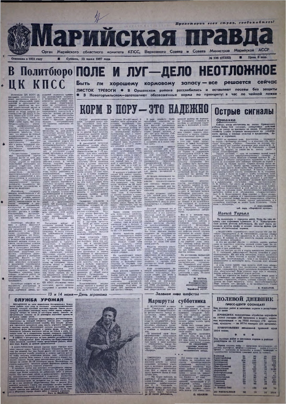 Газета «Марийская правда» от 13.06.1987