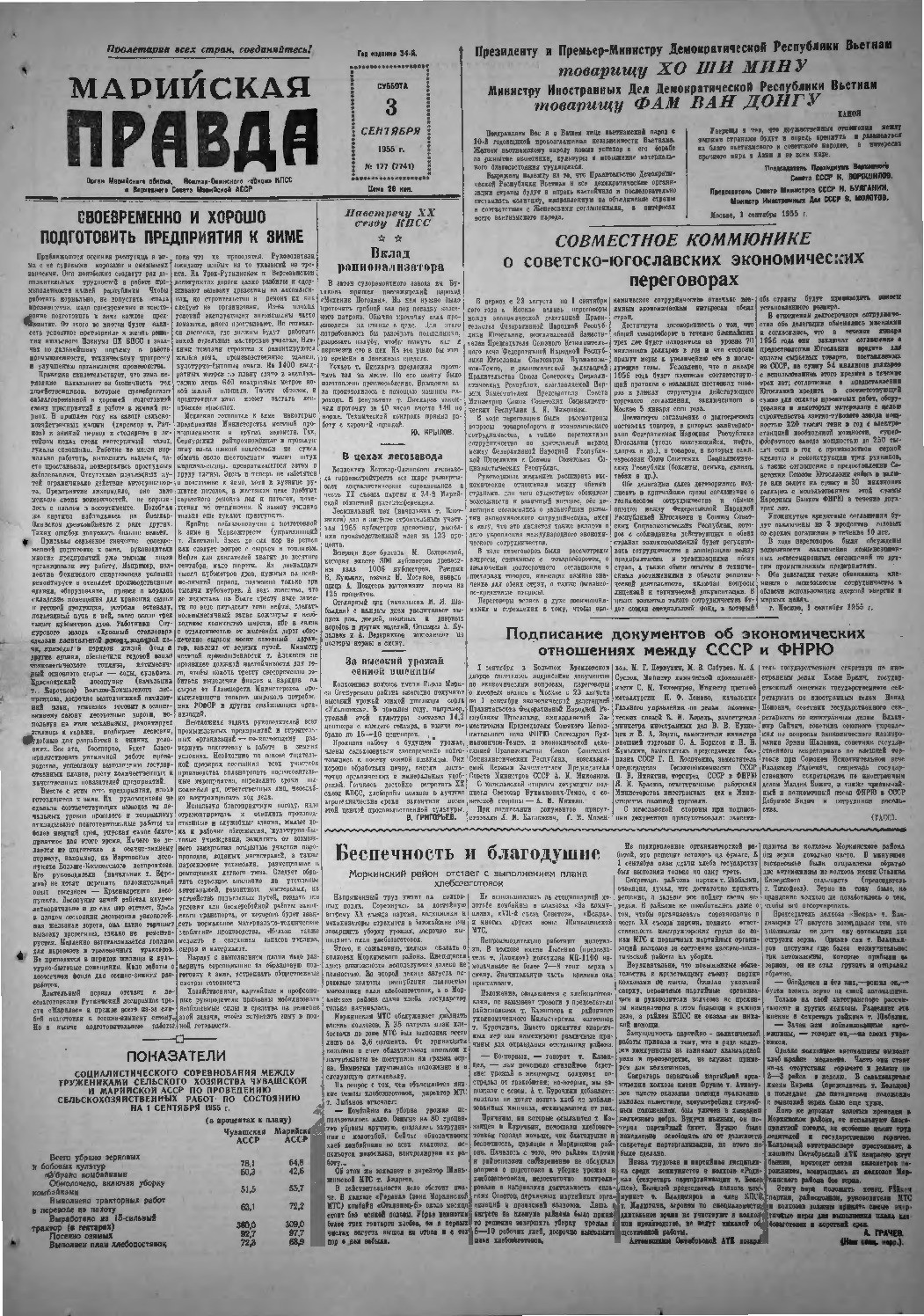Газета «Марийская правда» от 03.09.1955