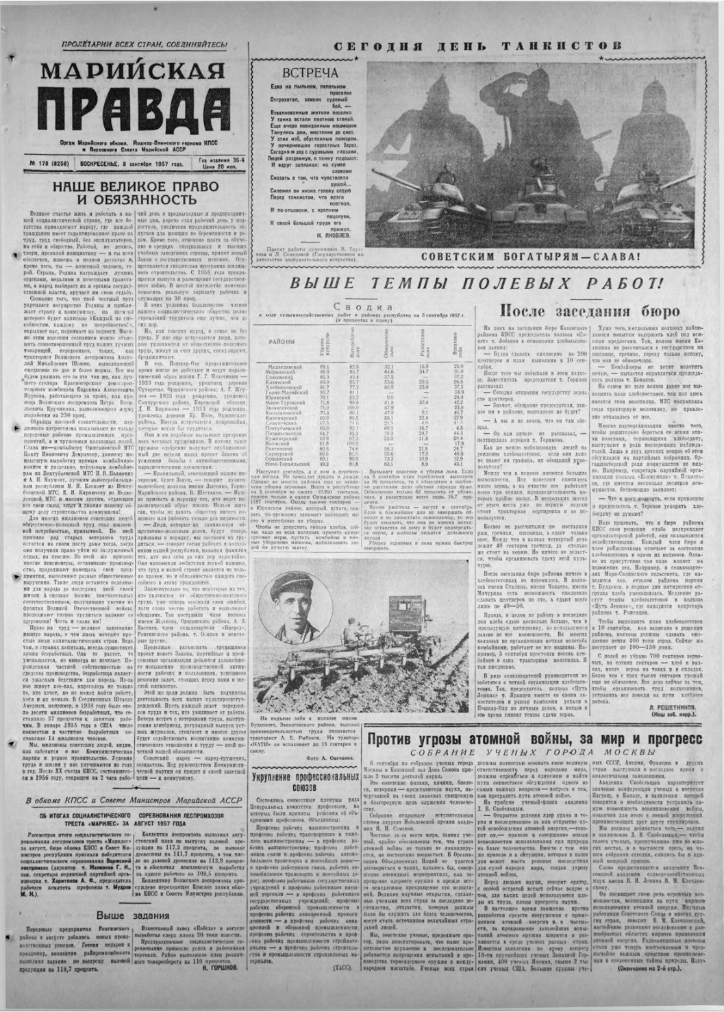 Газета «Марийская правда» от 08.09.1957