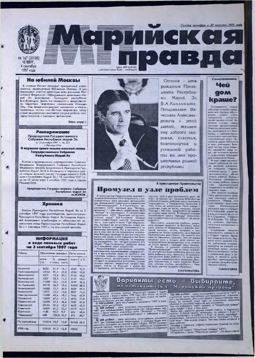 Газета «Марийская правда» от 04.09.1997