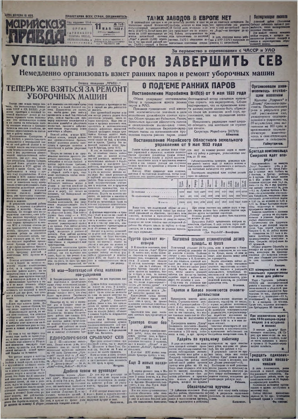 Газета «Марийская правда» от 11.05.1933