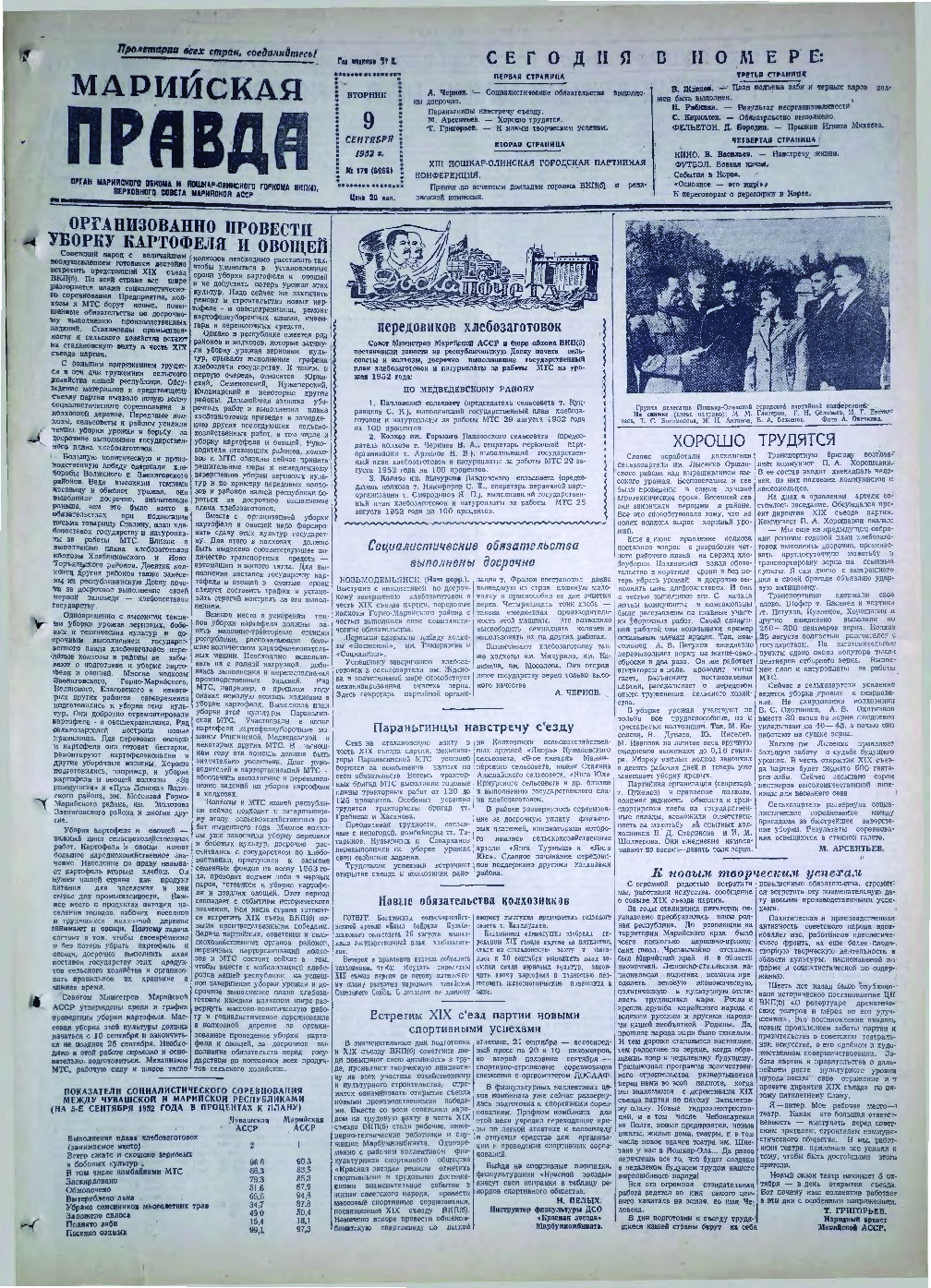 Газета «Марийская правда» от 09.09.1952