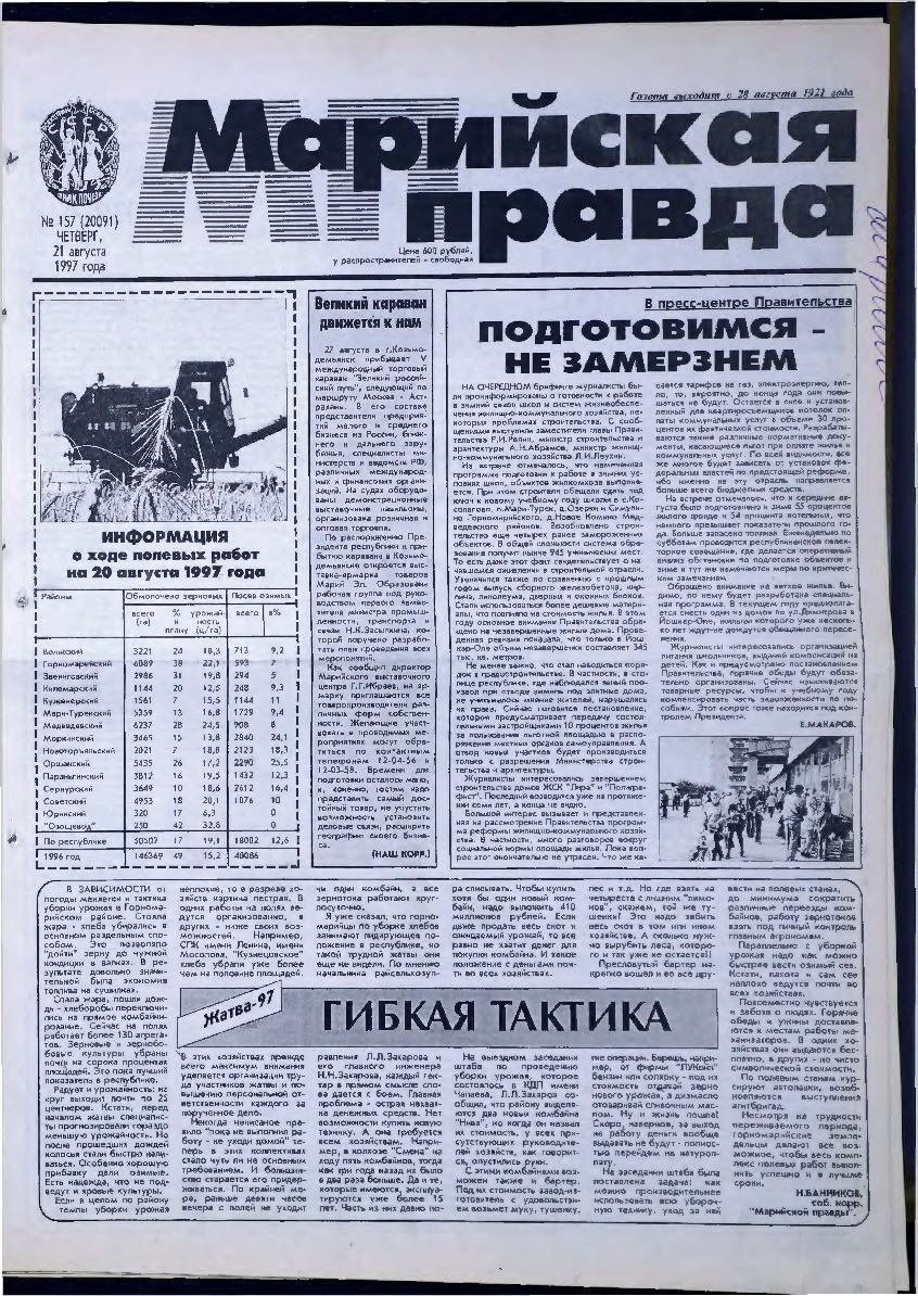 Газета «Марийская правда» от 21.08.1997