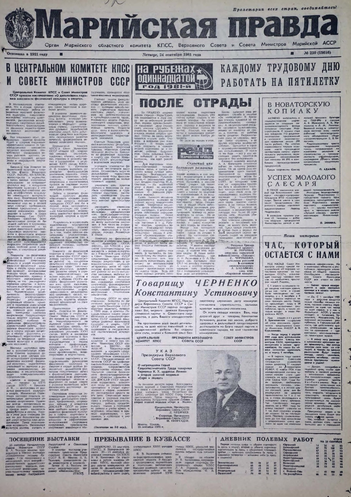 Газета «Марийская правда» от 24.09.1981