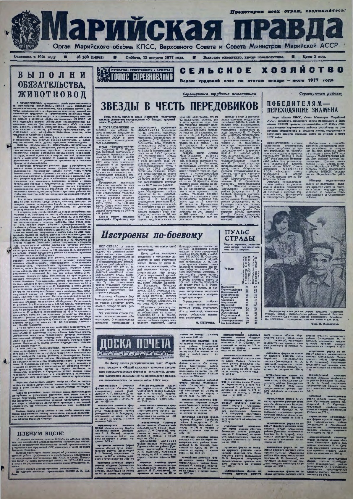 Газета «Марийская правда» от 13.08.1977