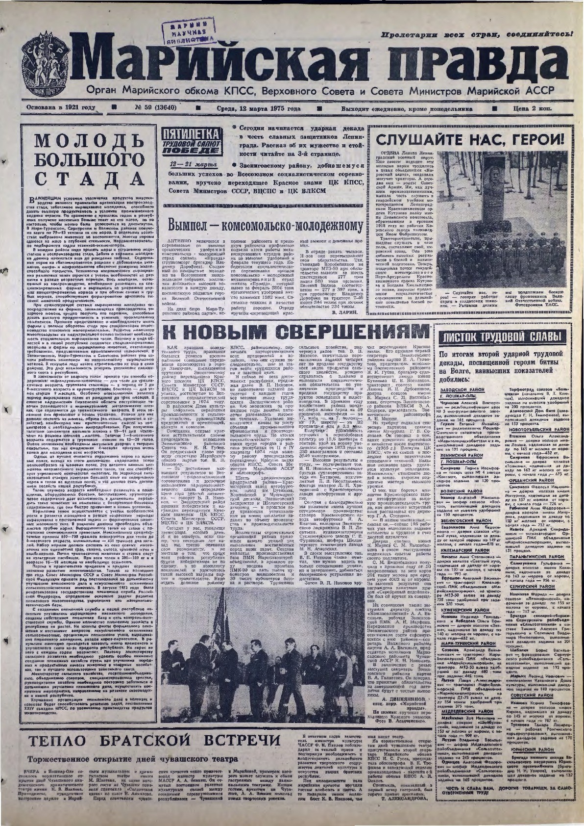 Газета «Марийская правда» от 12.03.1975