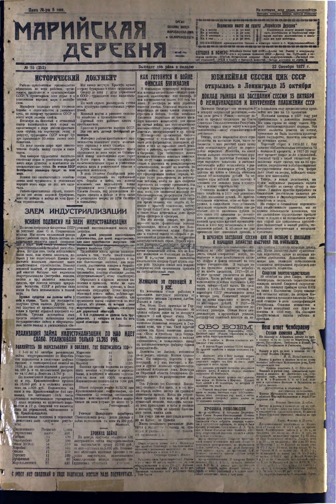 Газета «Марийская деревня» от 22.10.1927