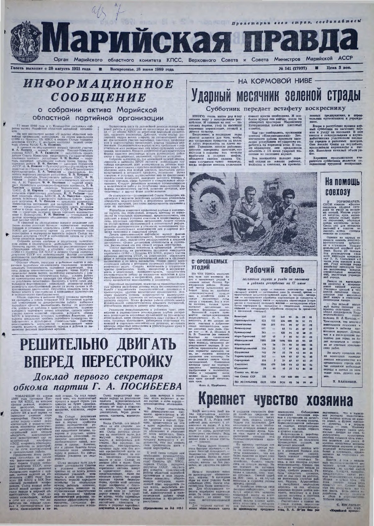 Газета «Марийская правда» от 18.06.1989