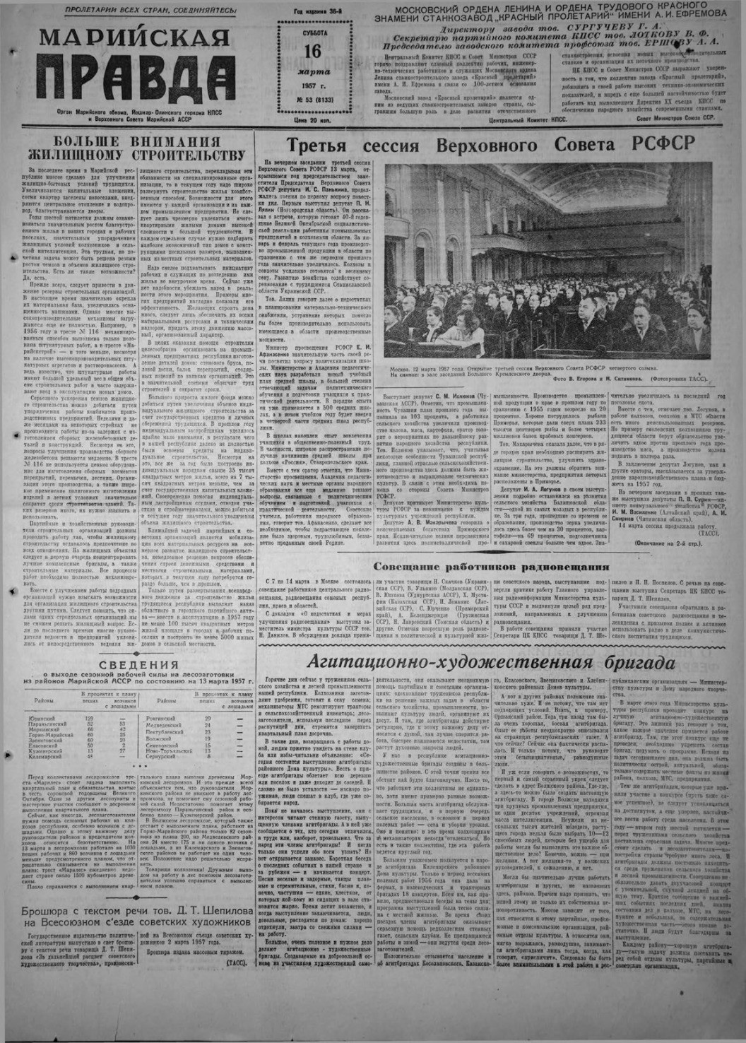 Газета «Марийская правда» от 16.03.1957