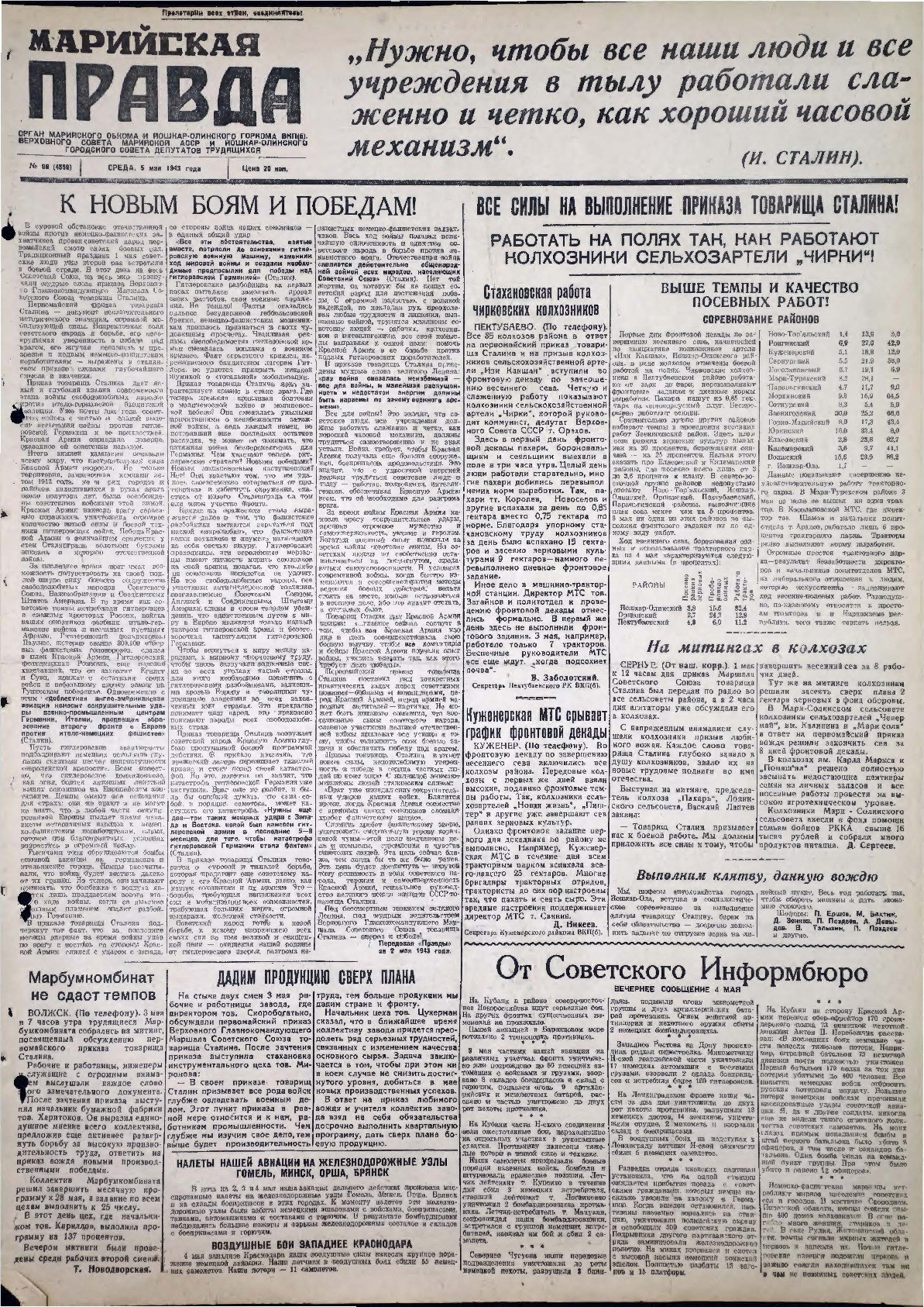 Газета «Марийская правда» от 05.05.1943