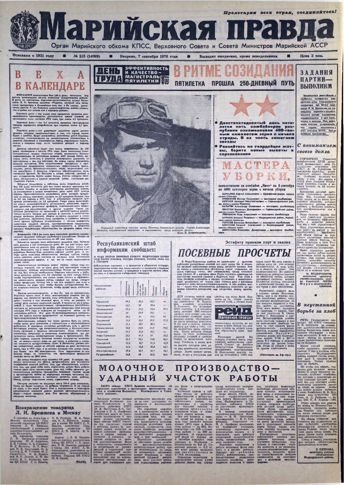 Газета «Марийская правда» от 07.09.1976