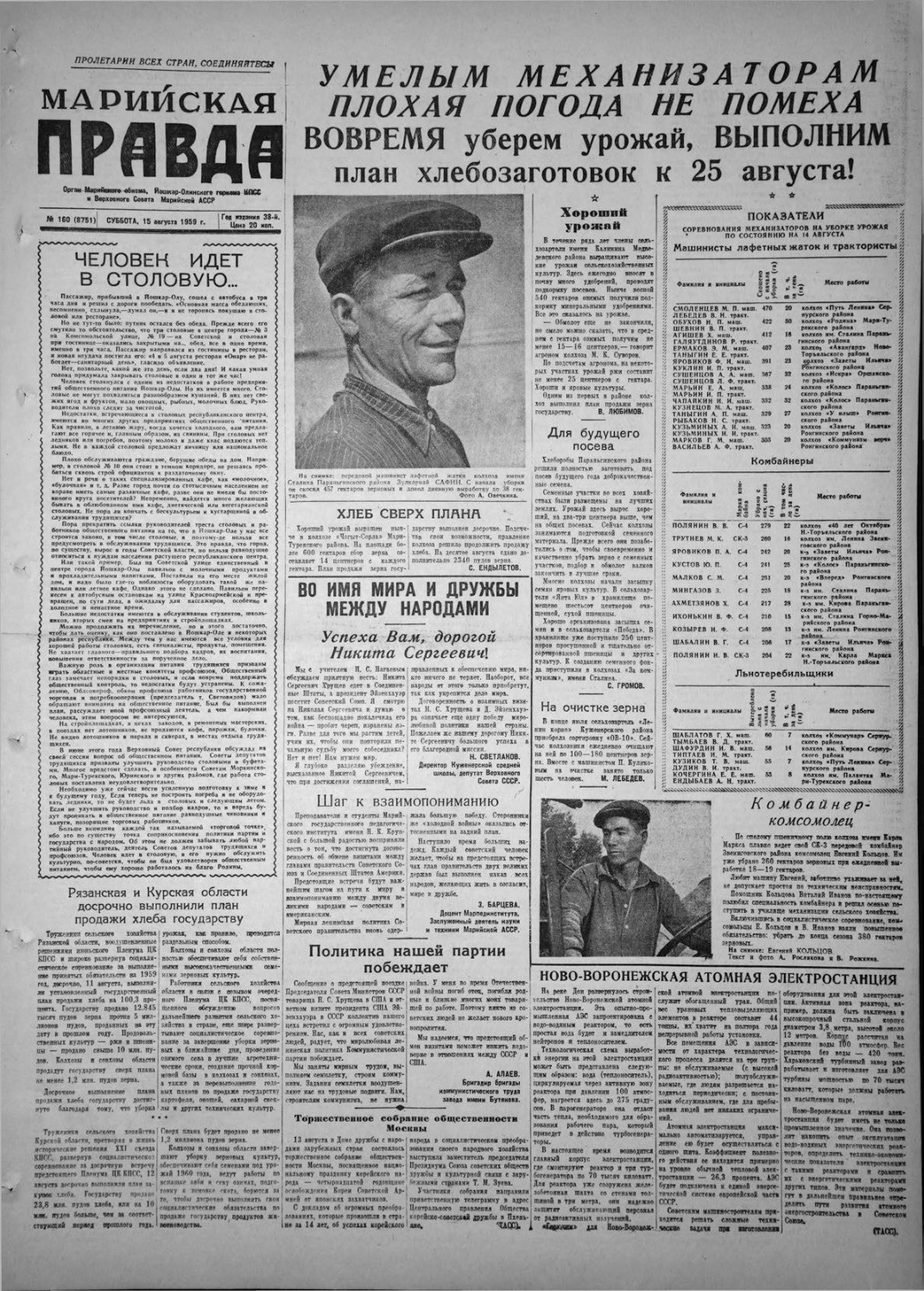 Газета «Марийская правда» от 15.08.1959