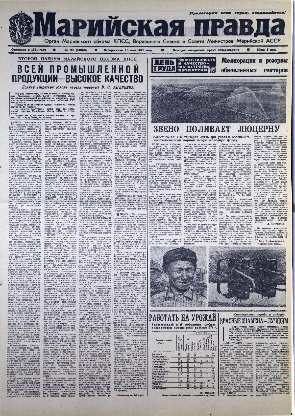 Газета «Марийская правда» от 16.05.1976