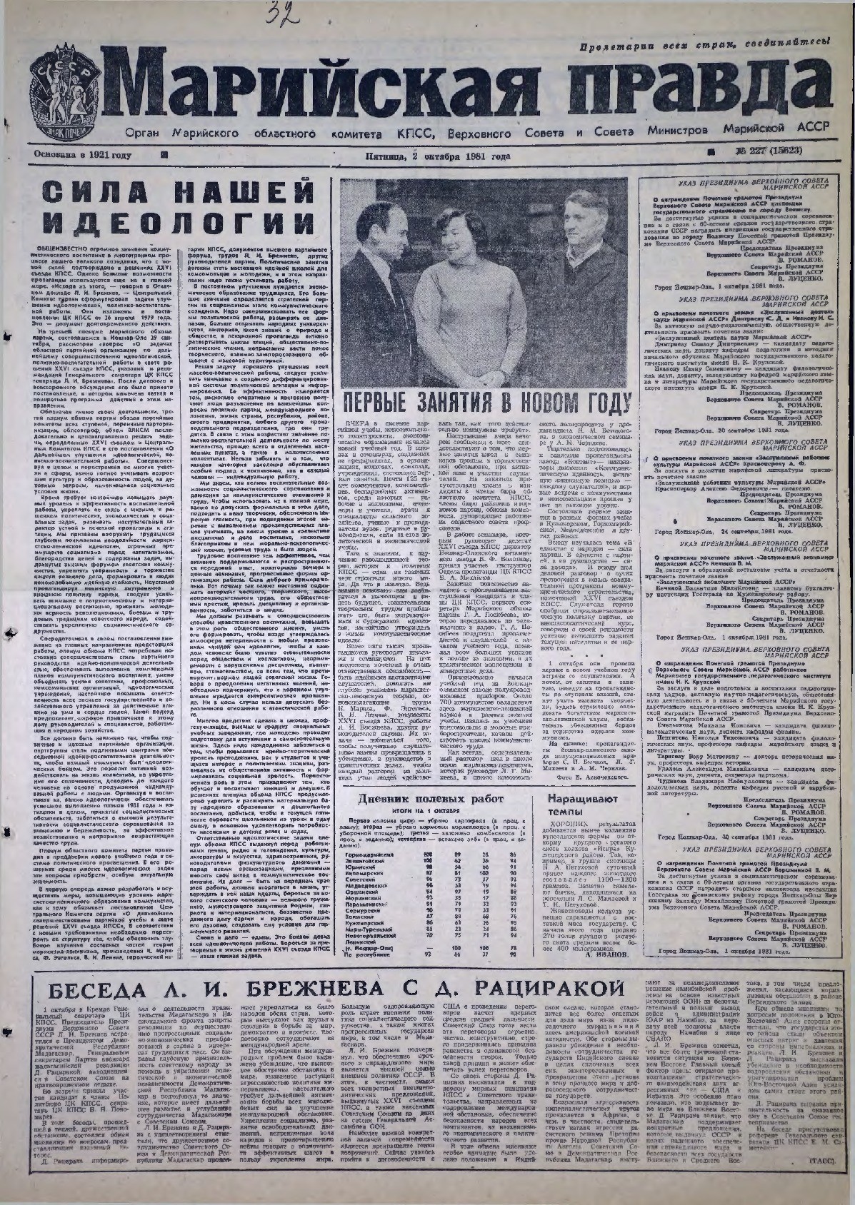 Газета «Марийская правда» от 02.10.1981